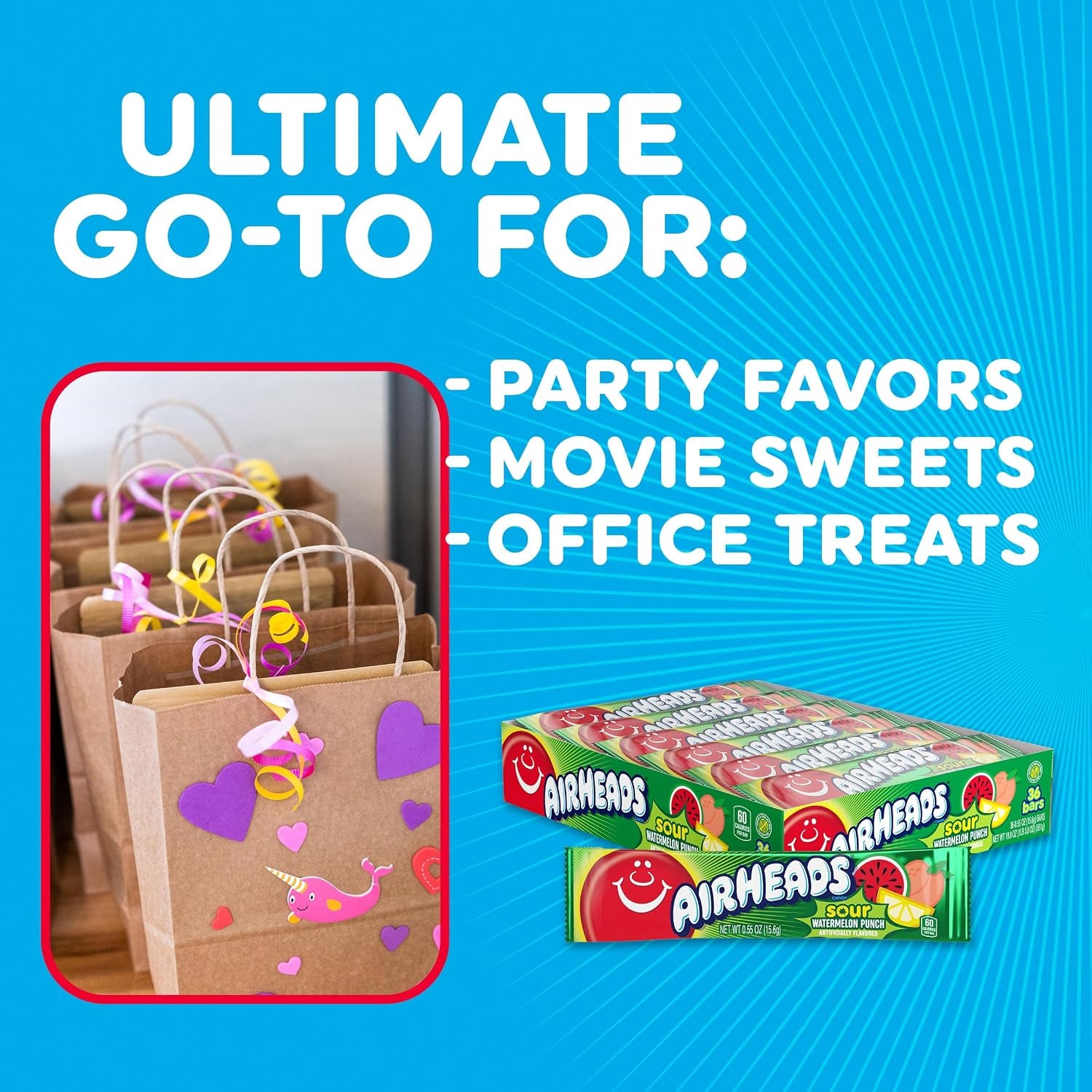 Airheads SOUR Candy Bars, Sour Watermelon Punch Flavored, Bulk, Pack of 36 Bars.