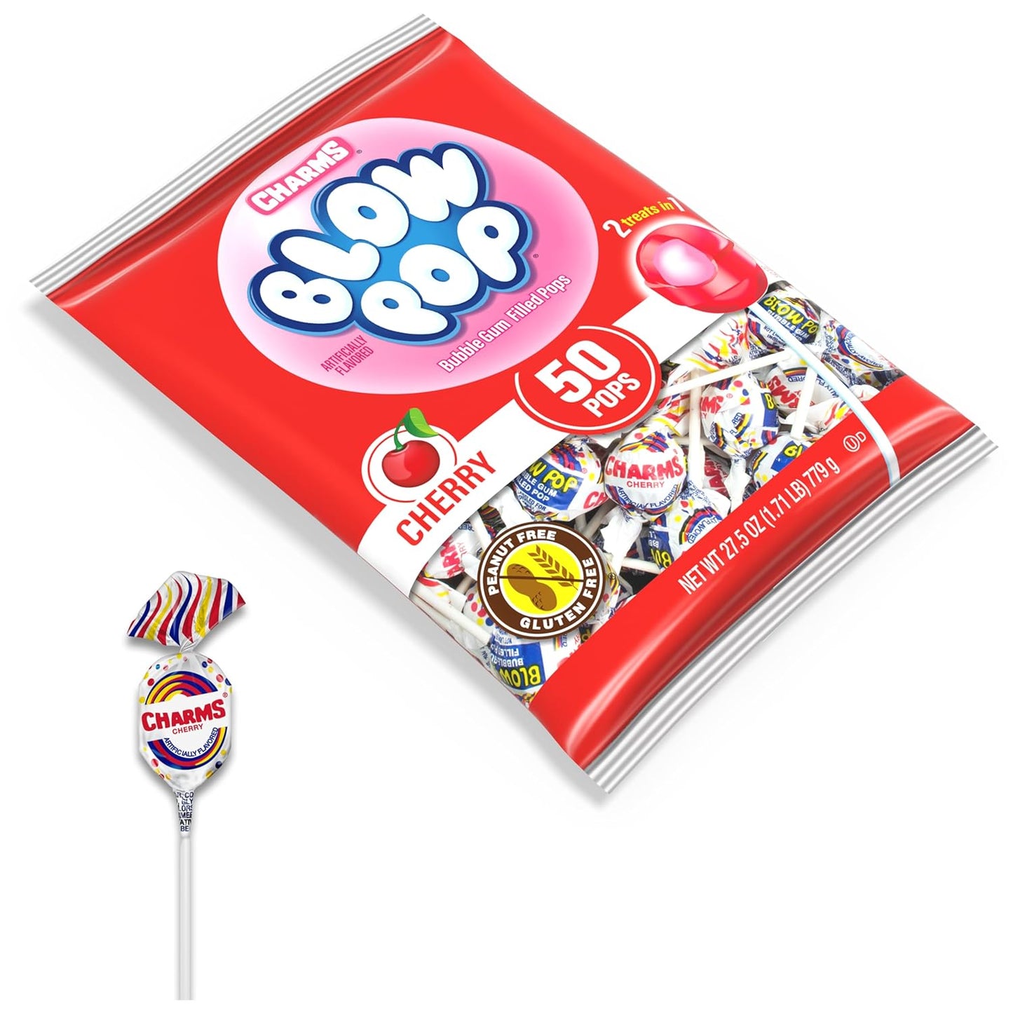 Charms Blow Pop Single Flavor Bag, Cherry, 50 Count (Pack of 1)