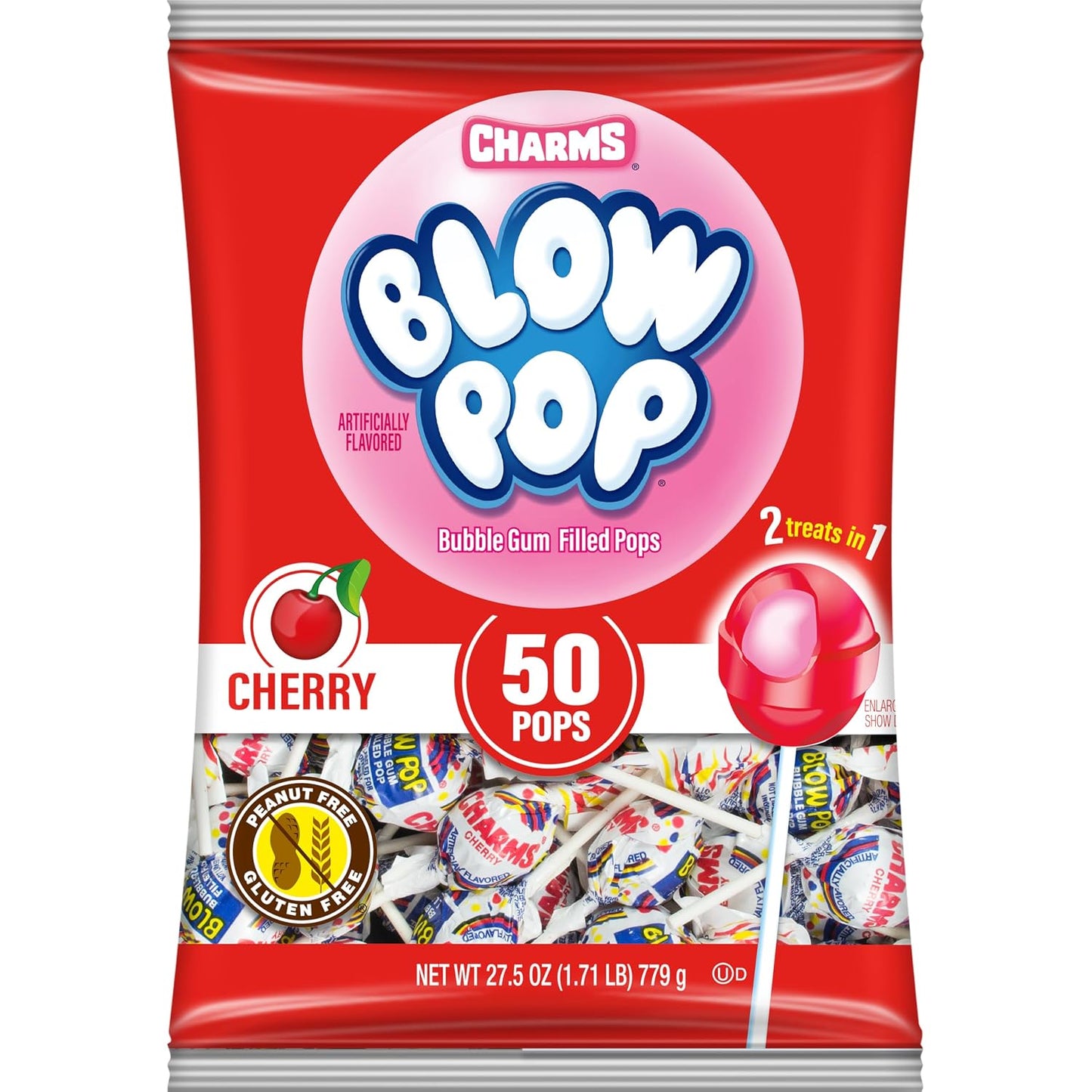 Charms Blow Pop Single Flavor Bag, Cherry, 50 Count (Pack of 1)