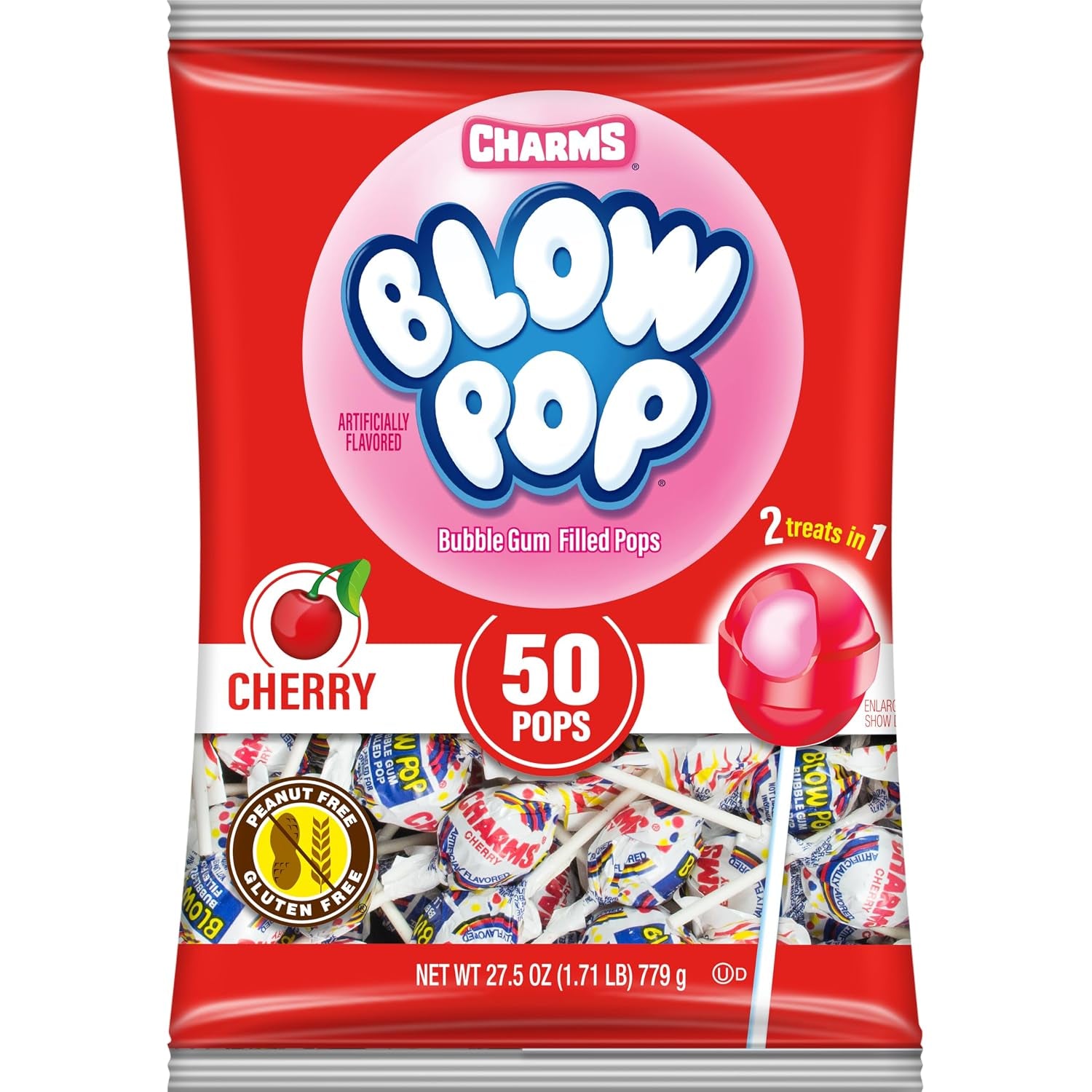 Charms Blow Pop Single Flavor Bag, Cherry, 50 Count (Pack of 1)