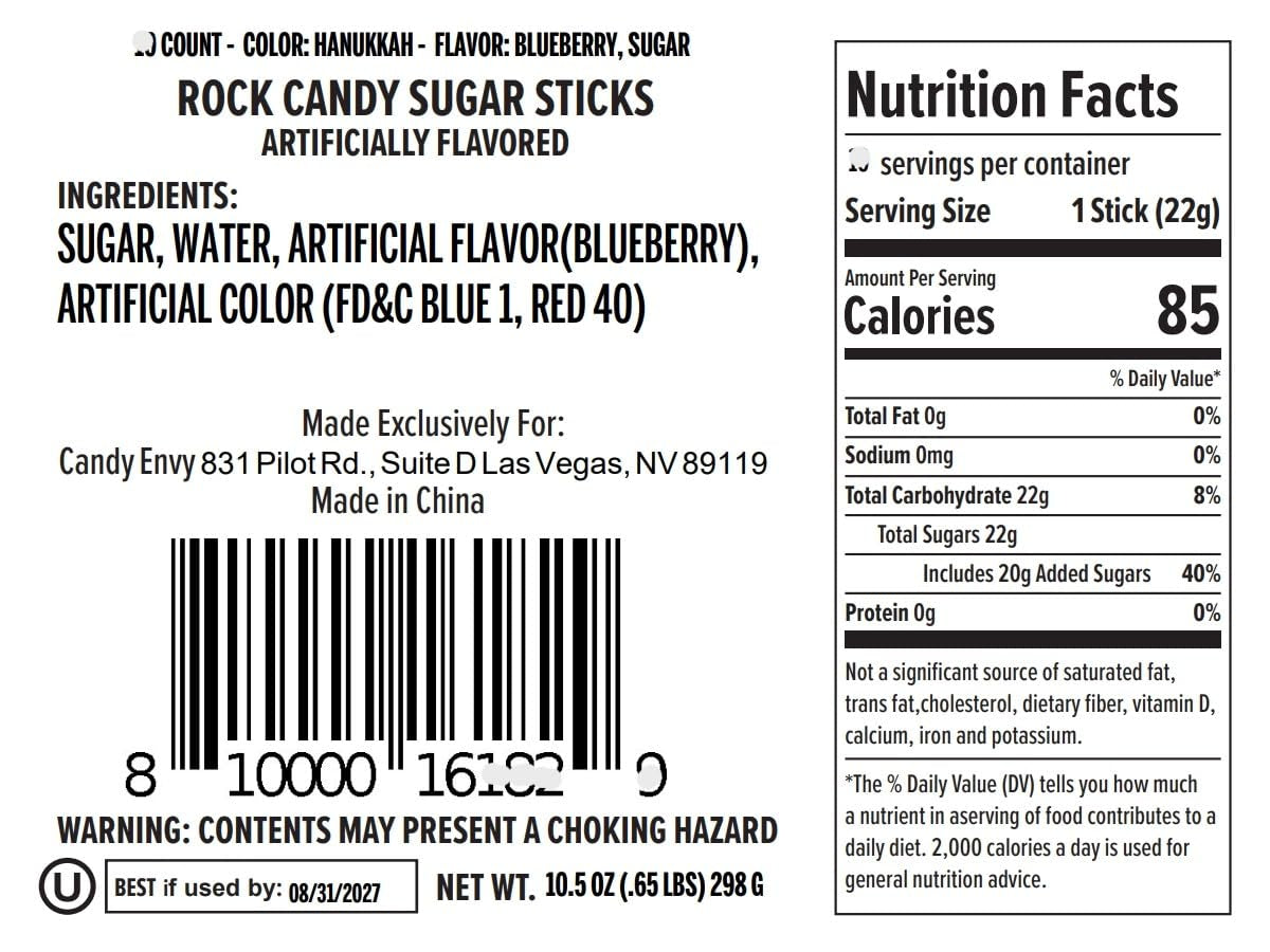 Hannukah Rock Candy Sugar Sticks - Kosher Certified - 18 Individually Wrapped Treats - Blue & White