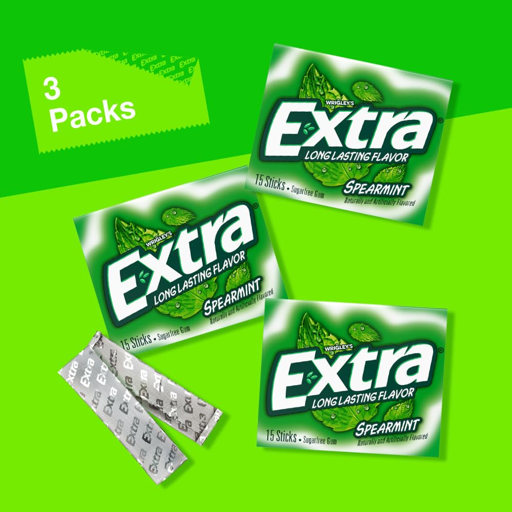 EXTRA Spearmint Sugar Free Chewing Gum, 3 Pack Bulk Gum (45 Sticks Total)