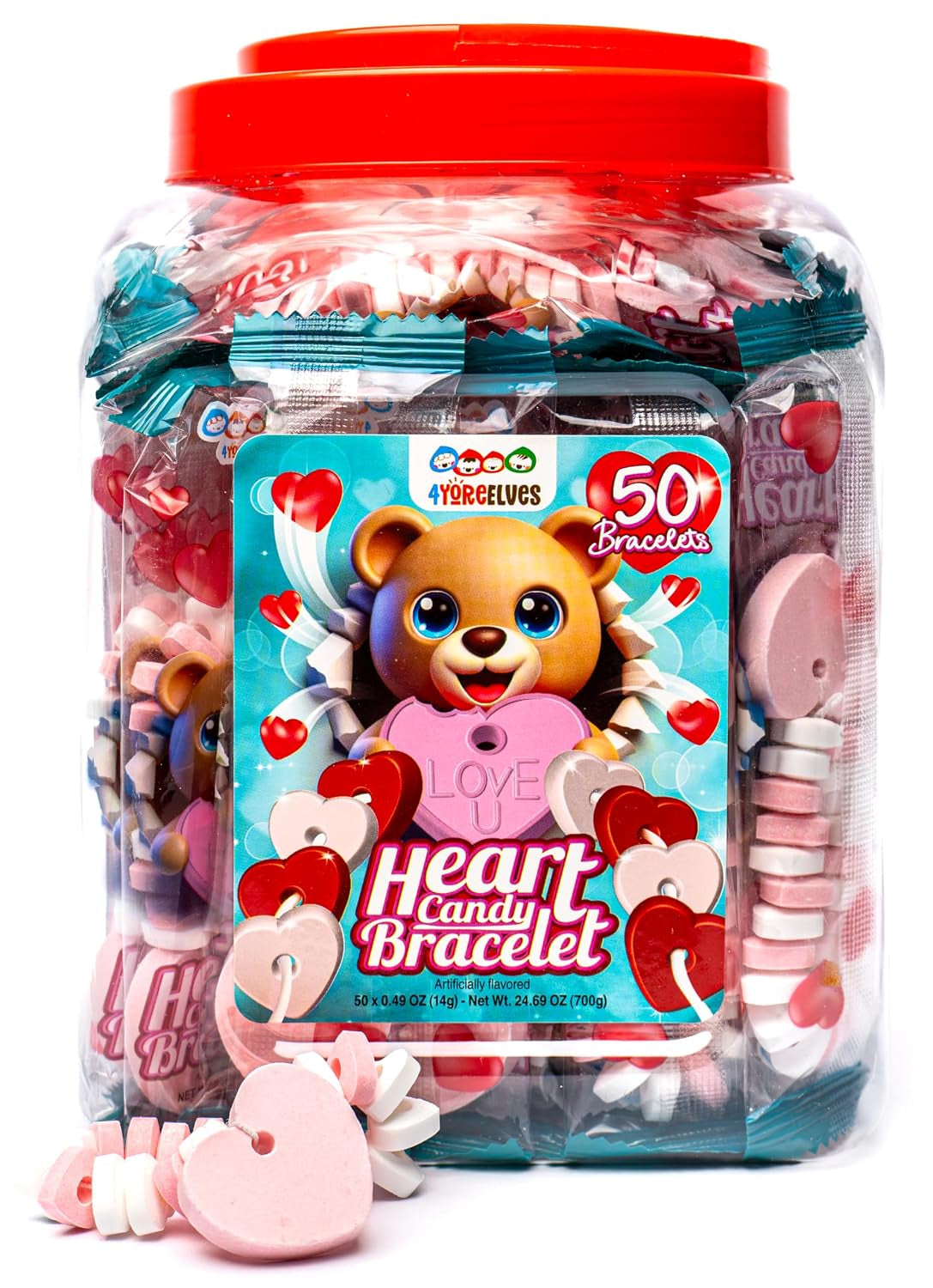 50 Candy Bracelets Individually Wrapped, Heart Candy Beads, Party Favors