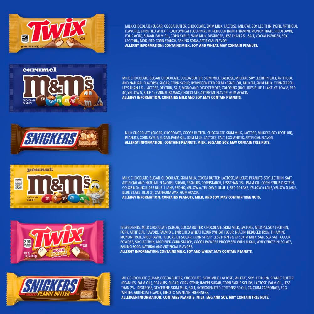 M&M'S Peanut, M&M'S Caramel, SNICKERS Original, SNICKERS Peanut Butter, TWIX Original and TWIX Salted Caramel Full Size 18 Ct Box