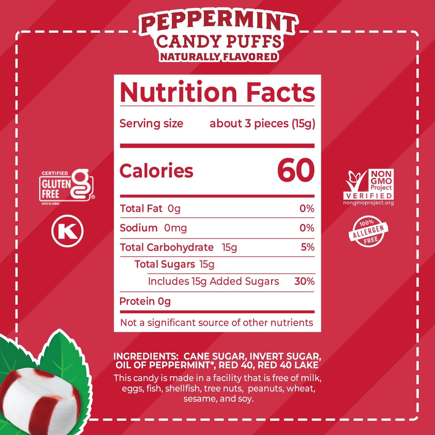 Red Bird Soft Peppermint Candy Mint Puffs, Individually Wrapped, 18 Oz Tub