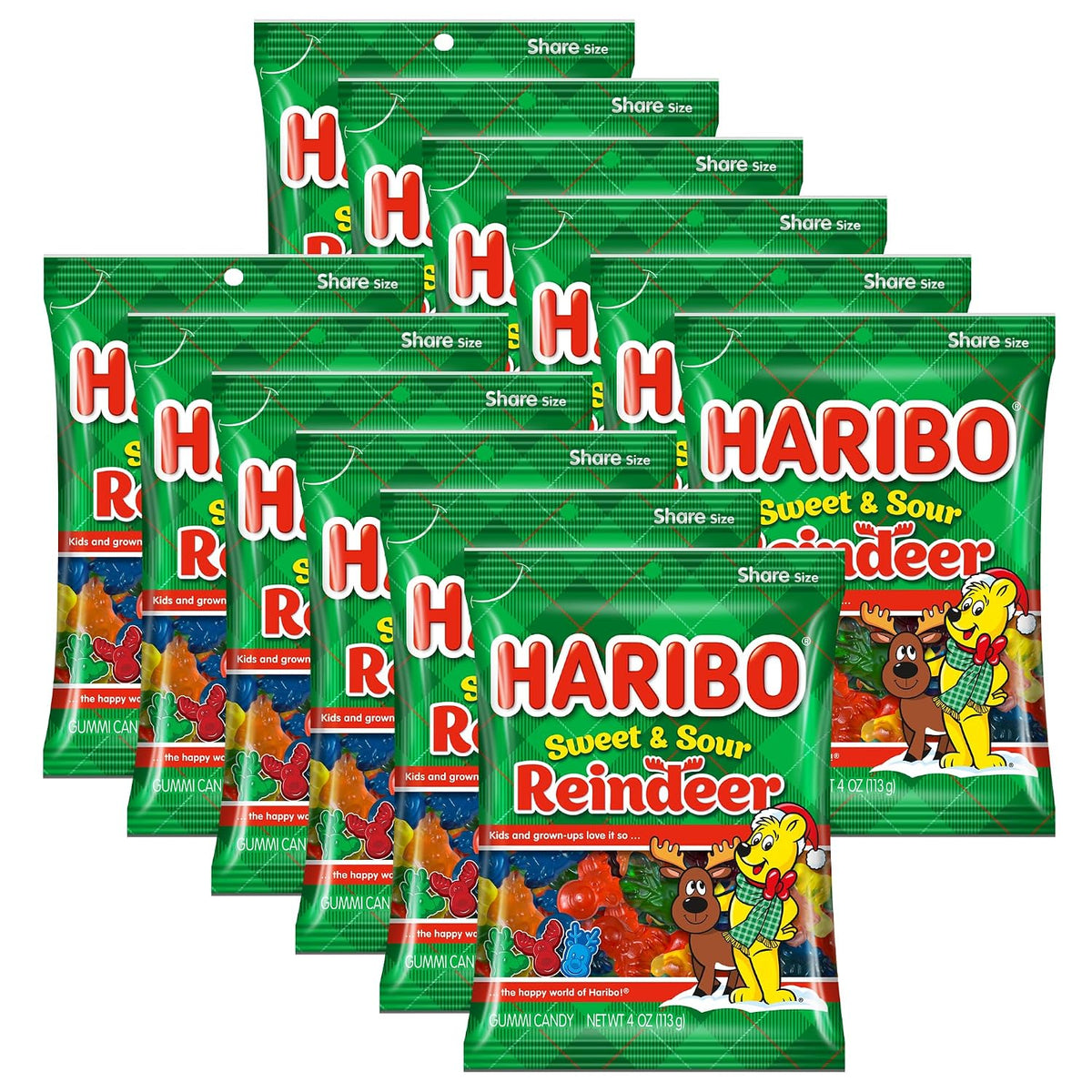 Haribo Sweet and Sour Reindeer, Assorted Fruit Flavored Gummy Candies, 4 Ounces (Pack of 12)