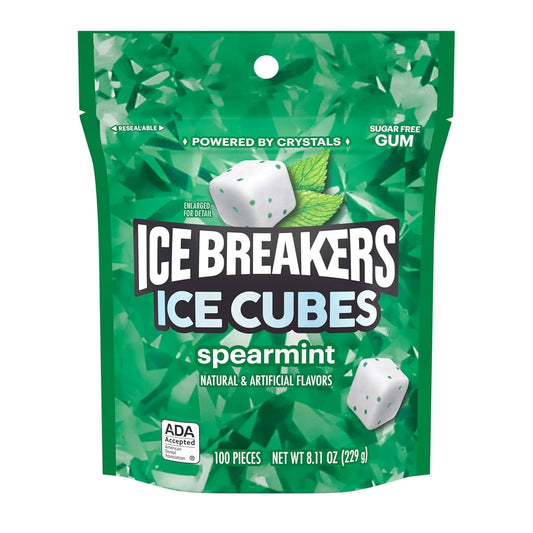 ICE BREAKERS Ice Cubes Spearmint Sugar Free Chewing Gum Pouch, 8.11 Oz (100 Pieces)