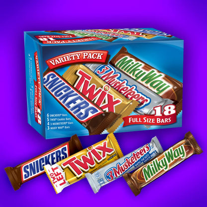 SNICKERS, TWIX, MILKY WAY & 3 MUSKETEERS Individually Wrapped Variety Pack Full Size, 18 Bars