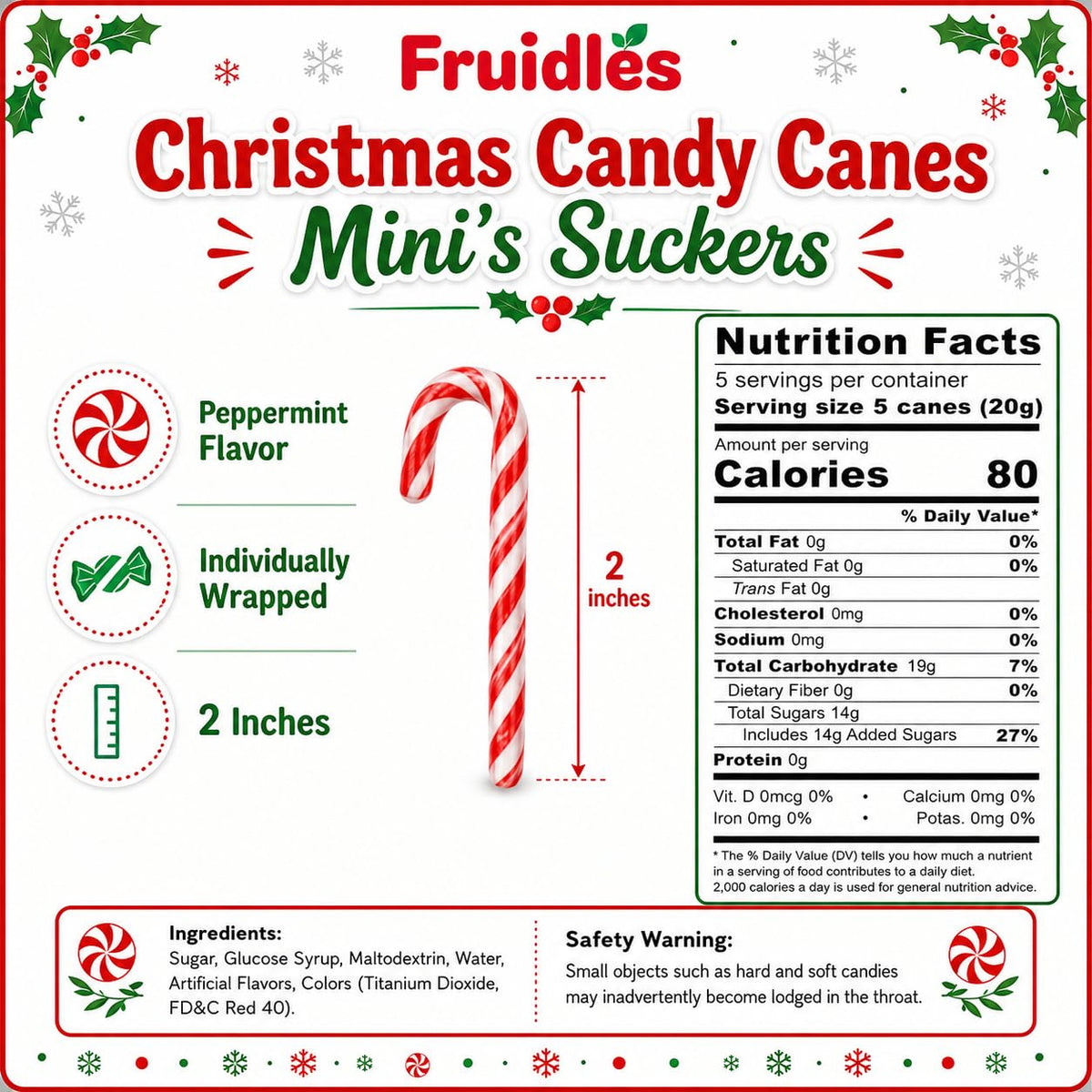 Fruidles Christmas Mini Candy Canes 100 Pack Peppermint Flavor, Individually Wrapped, 2" Inch
