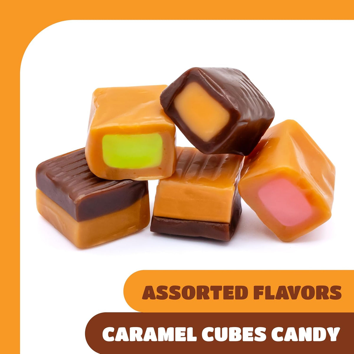 Caramel Candy Mix, Filled Caramels Individually Wrapped - 2 Lb Pack | Vanilla, Chocolate, Apple, Strawberry, Caramel Cubes