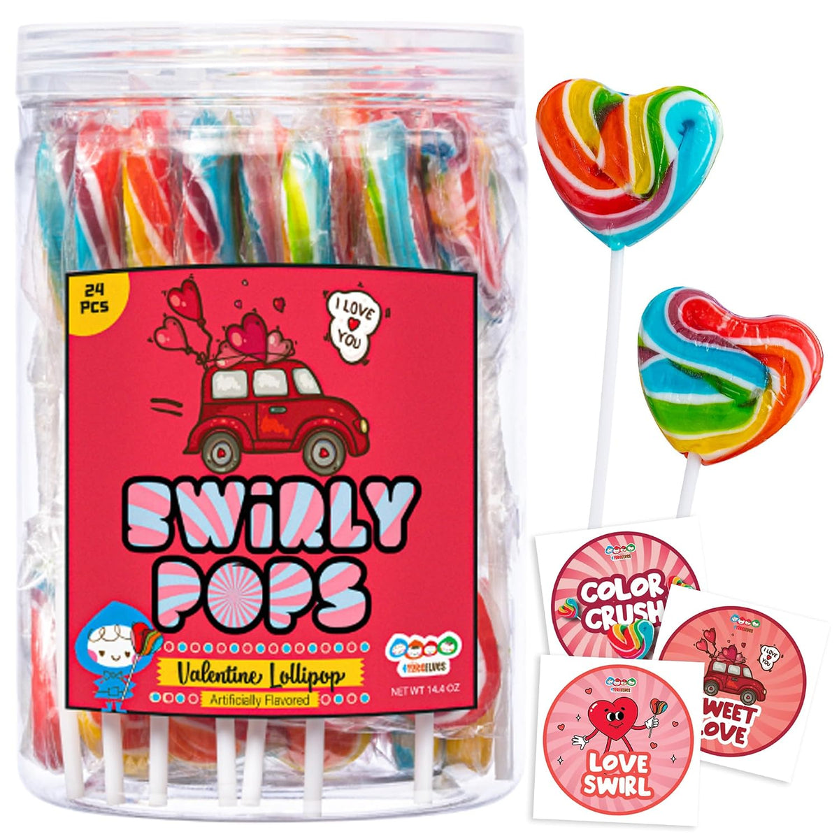 24 Heart Rainbow Lollipops Individually Wrapped, Valentines Party Favors