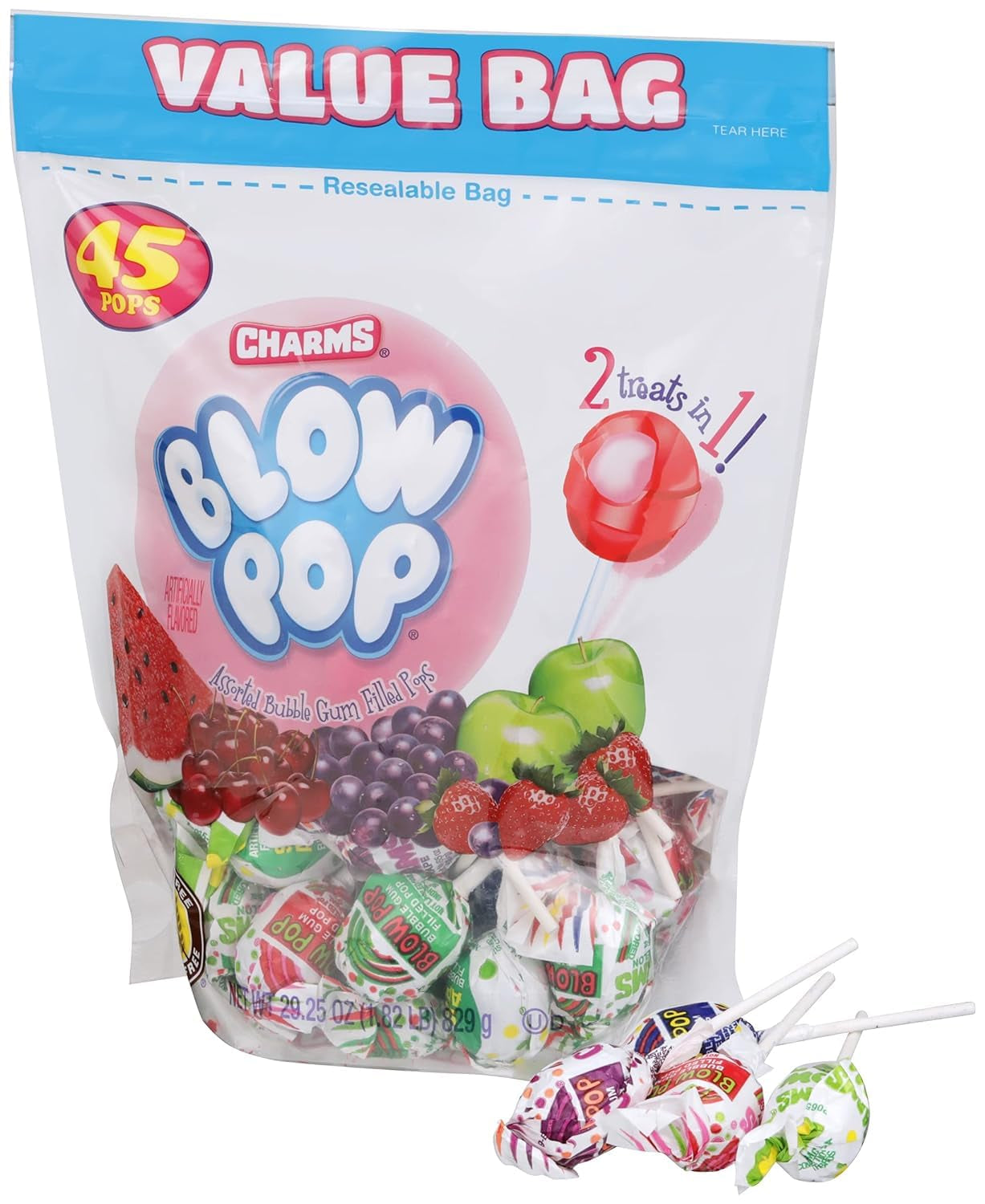 Charms Blow Pop Lollipops - Individually Wrapped Dual Candy and Gum Suckers, 45 Count (29.25 Oz.)