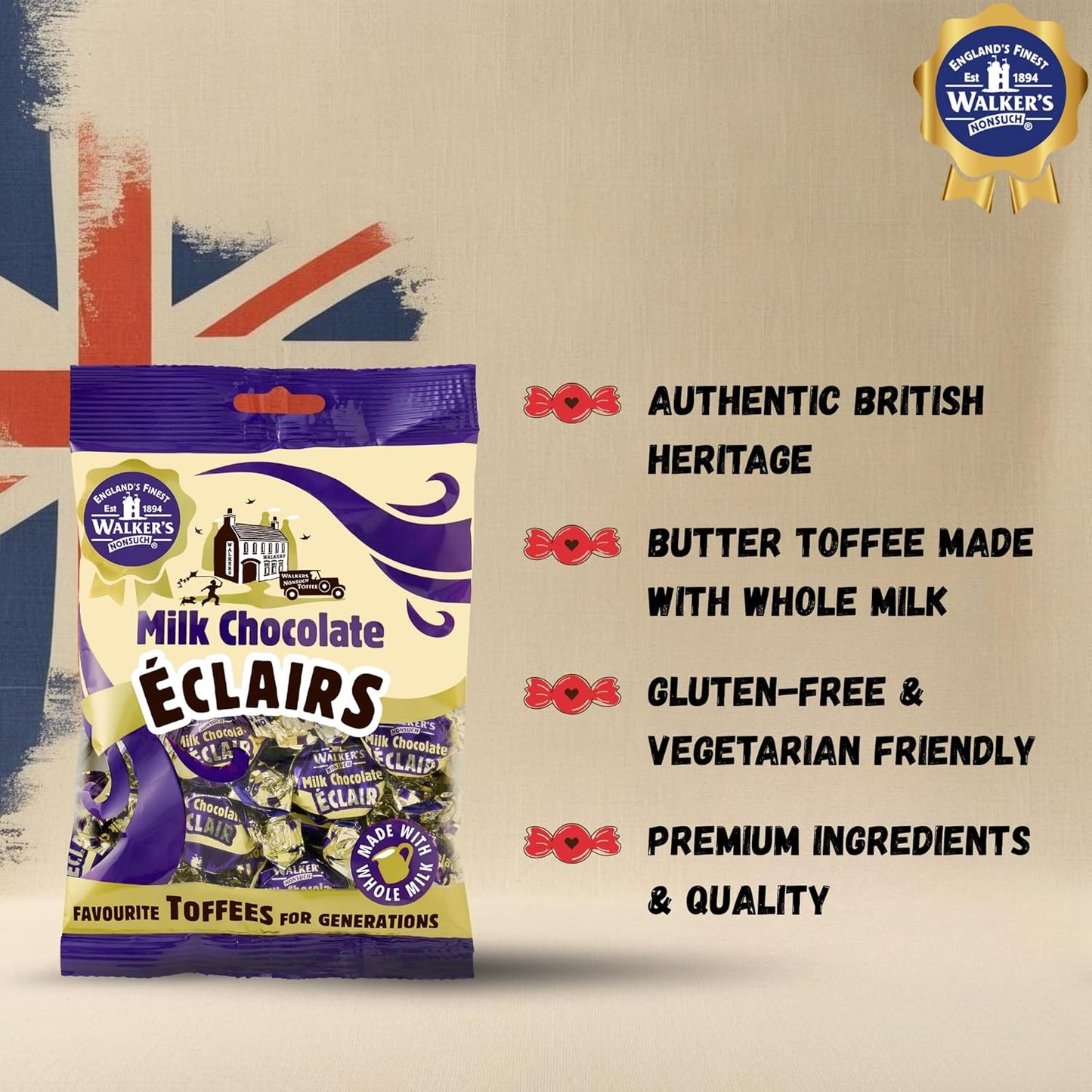 Walkers Nonsuch Milk Chocolate Eclairs 5.29 Oz (150G) - Traditional British Chewy Butter Toffee Candy