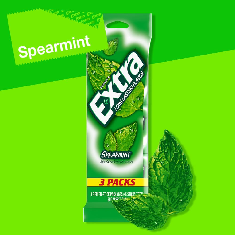 EXTRA Spearmint Sugar Free Chewing Gum, 3 Pack Bulk Gum (45 Sticks Total)
