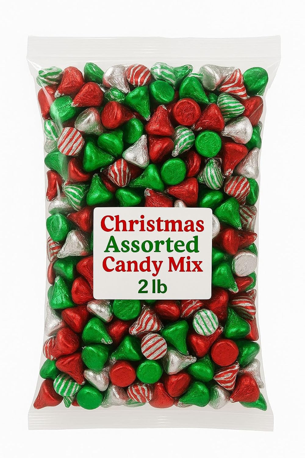 Chocolate Christmas Mix, HUGS and SOLID MIX 2LB Pack (Approx. 200 Pieces) of Christmas Candy Individually Wrapped, Delicious Chocolate Kisss in Red, Green, and Silver Foil, Perfect Bulk Christms Candy for Holidays