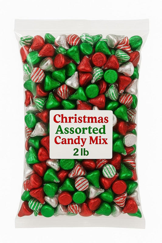 Chocolate Christmas Mix, HUGS and SOLID MIX 2LB Pack (Approx. 200 Pieces) of Christmas Candy Individually Wrapped, Delicious Chocolate Kisss in Red, Green, and Silver Foil, Perfect Bulk Christms Candy for Holidays