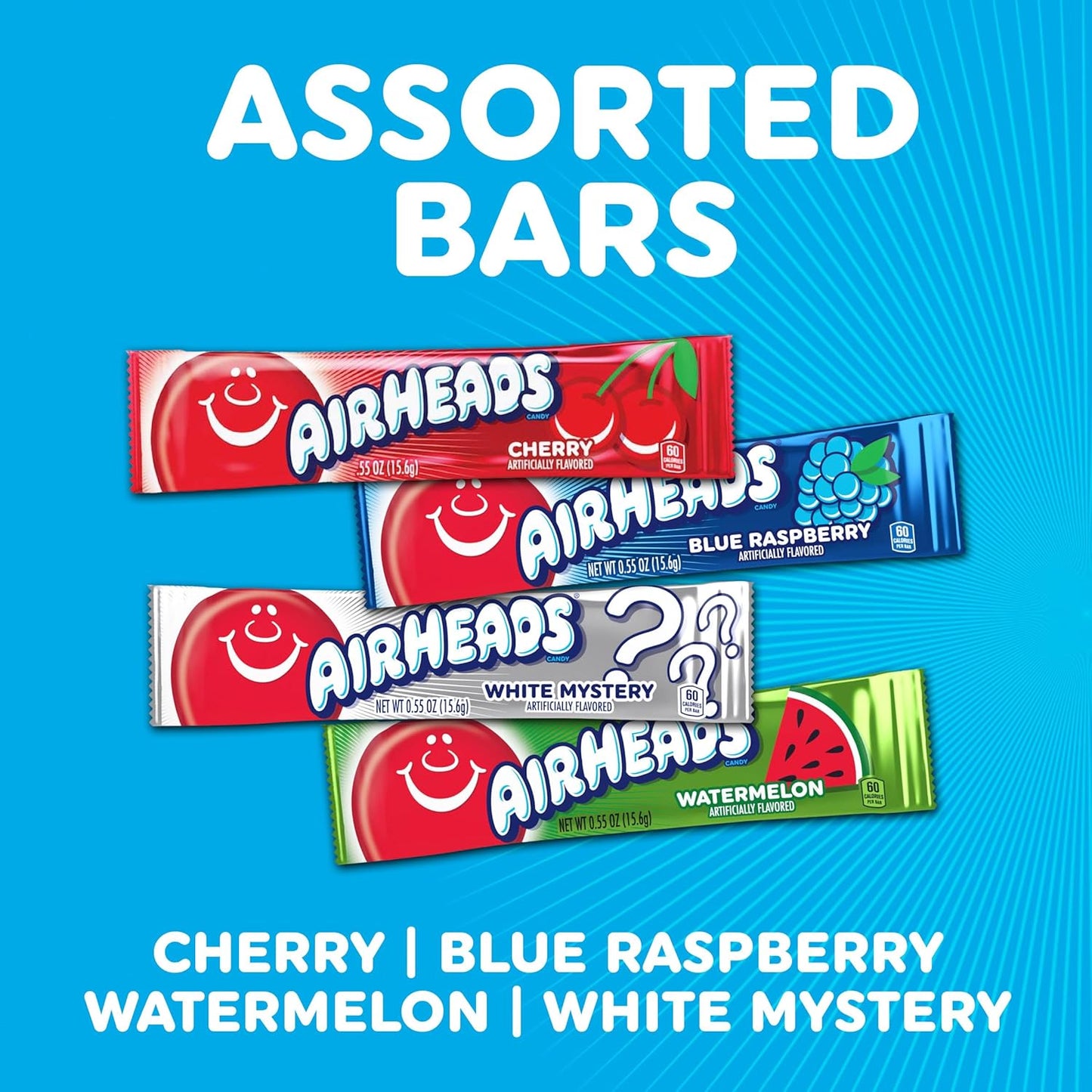 Airheads Full-Size Candy Bars, Taffy Candy Bulk Variety Pack, Individually Wrapped, 60 Count Box