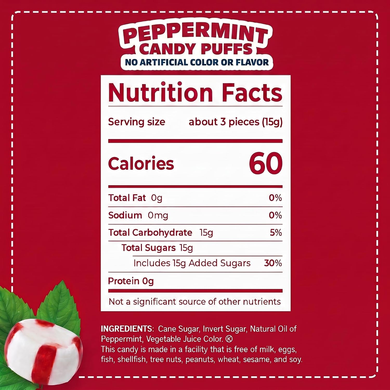 Red Bird Soft Peppermint Candy Mint Puffs, No Red Dye, 52 Oz Tub