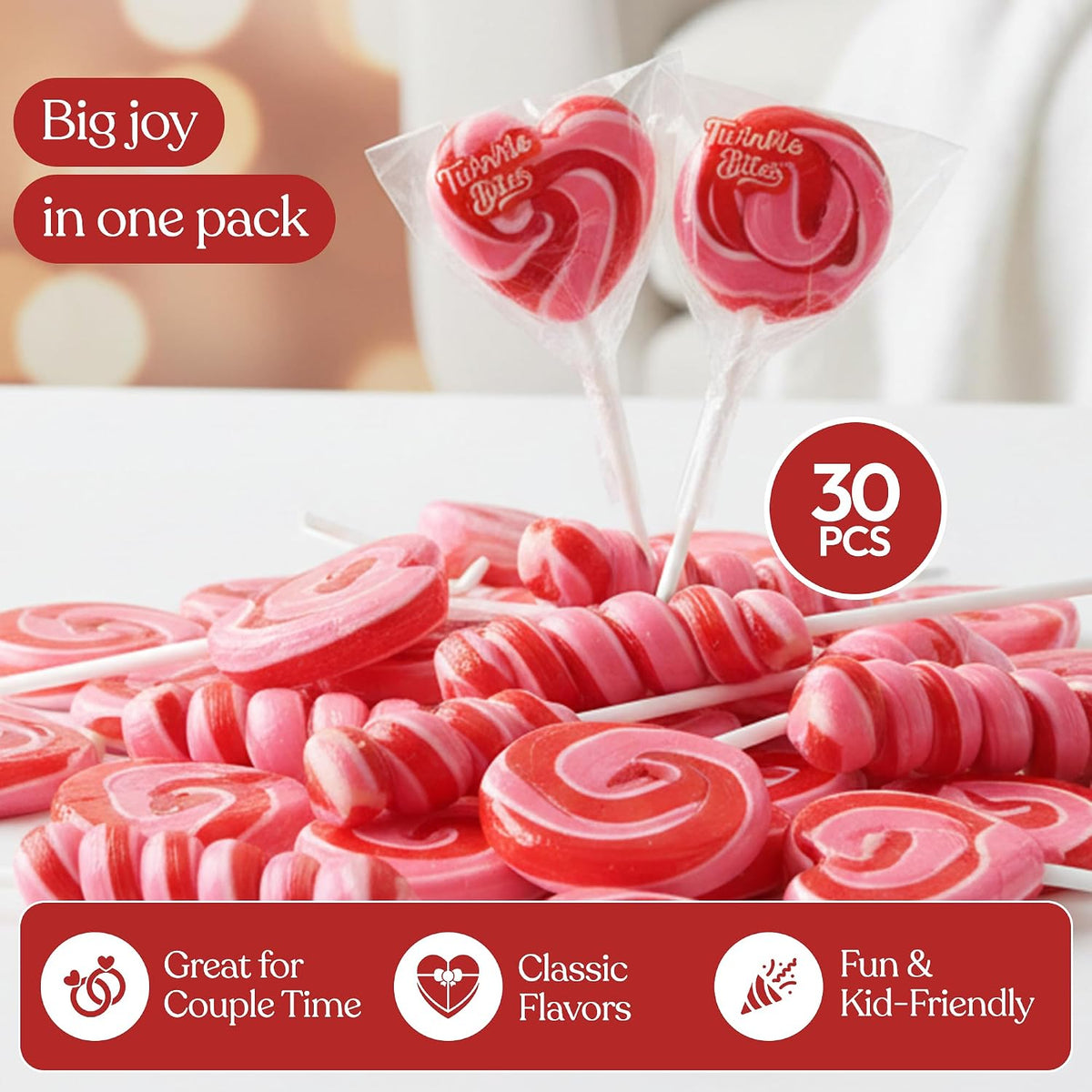 30 Pack Valentines Day Lollipops – Individually Wrapped Heart, Swirl, Twist Suckers – Strawberry, Raspberry, Tutti Frutti Delicious Flavors