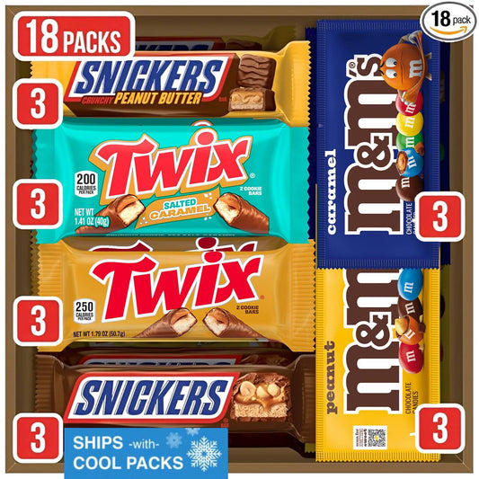 M&M'S Peanut, M&M'S Caramel, SNICKERS Original, SNICKERS Peanut Butter, TWIX Original and TWIX Salted Caramel Full Size 18 Ct Box
