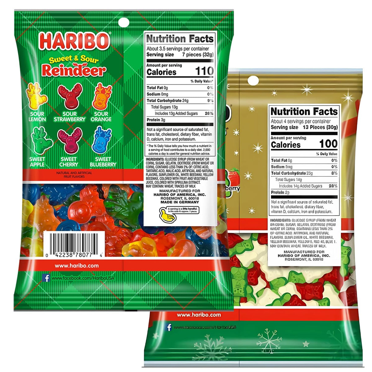 2 Christmas Gummy Bears, 2 Sweet and Sour Reindeer Gummies, Assorted Flavors, Sharable Bags, 4 Ounces (Pack of 4)