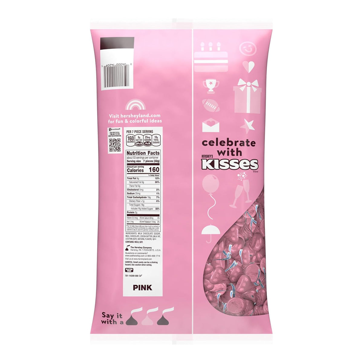 HERSHEY'S KISSES Milk Chocolate Candy Bulk Bag, Pink Foils, 60 Oz