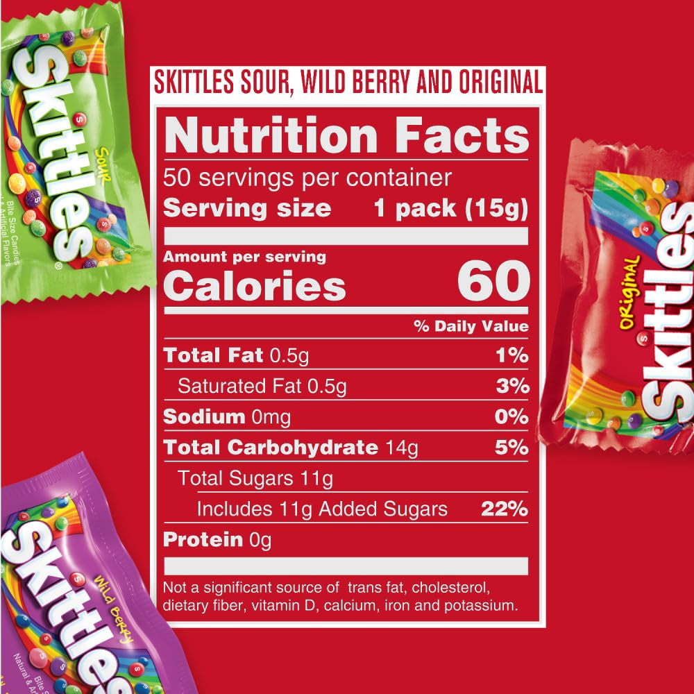 Skittles Fun Size Original, Wild Berry, and Sour Chewy Individually Wrapped Variety Pack, 26.46 Oz