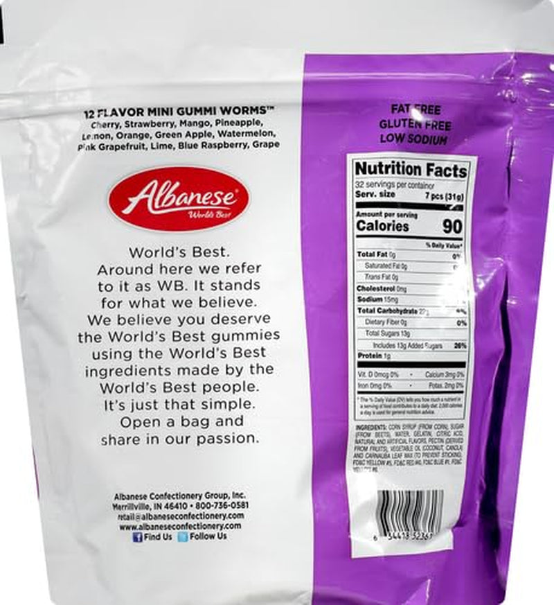 Albanese World's Best 12 Flavor Mini Gummi Worms | 36Oz Bag of Gummy Candy