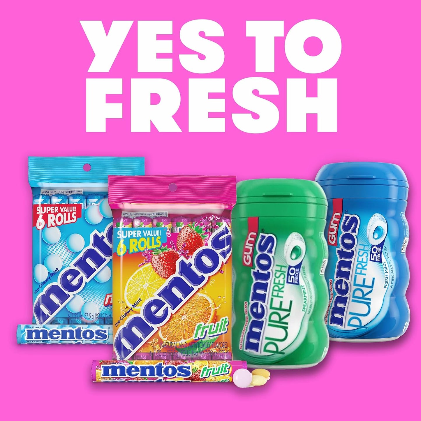 Mentos Chewy Mint Candy Roll, Fruit, 14 Pieces per Roll, 15 Count Pack