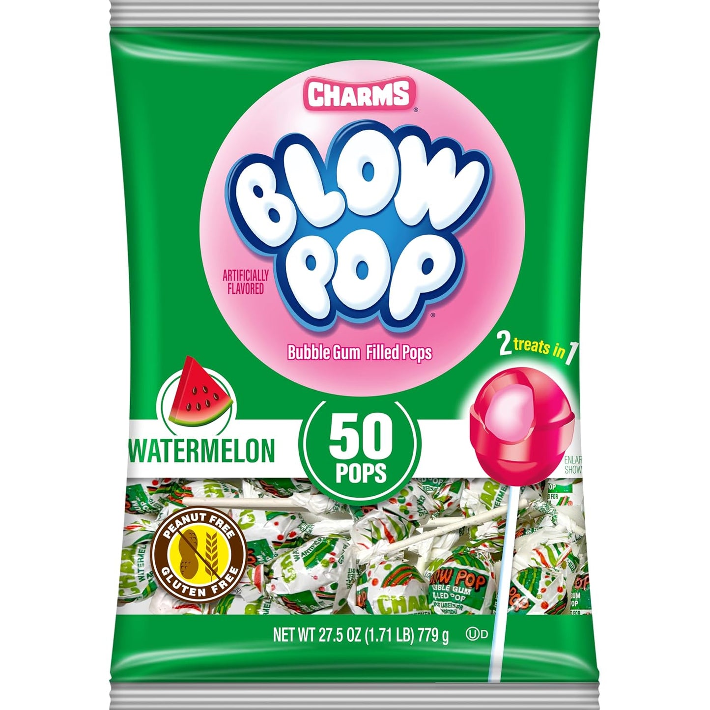 Charms Blow Pop Single Flavor Bag, Watermelon, 50 Count (Pack of 1)