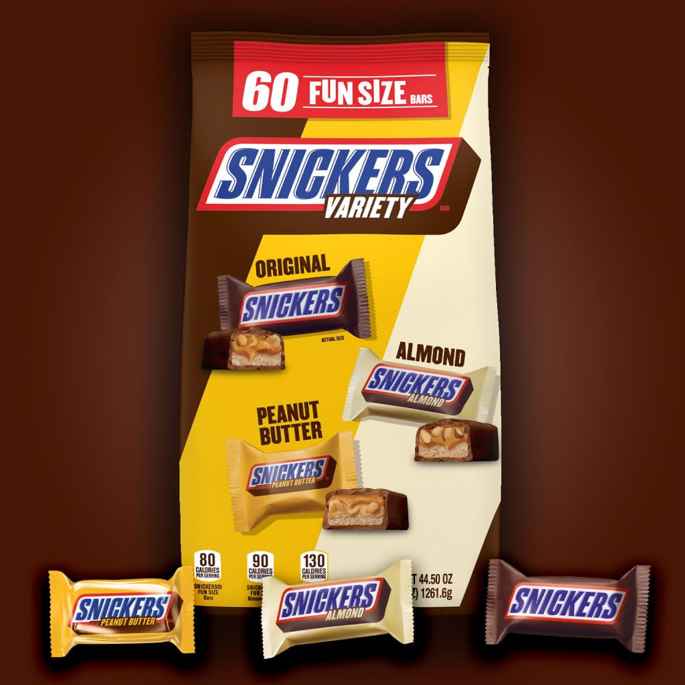 SNICKERS Original, Peanut Butter & Almond Bulk Variety Pack Fun Size Chocolate Candy Bar Assortment, 60 Pieces Bag