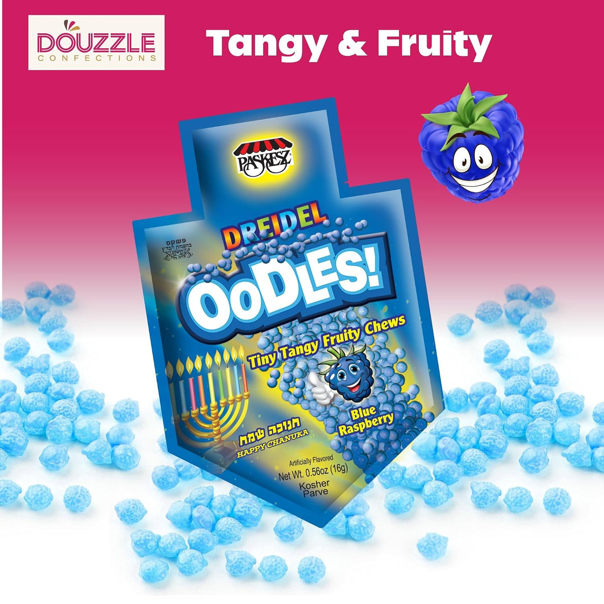 Douzzle Kosher, Hanukkah Candy, Raspberry Dreidel Shaped Oodles (12 Count, 1 Pack)