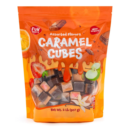 Caramel Candy Mix, Filled Caramels Individually Wrapped - 2 Lb Pack | Vanilla, Chocolate, Apple, Strawberry, Caramel Cubes