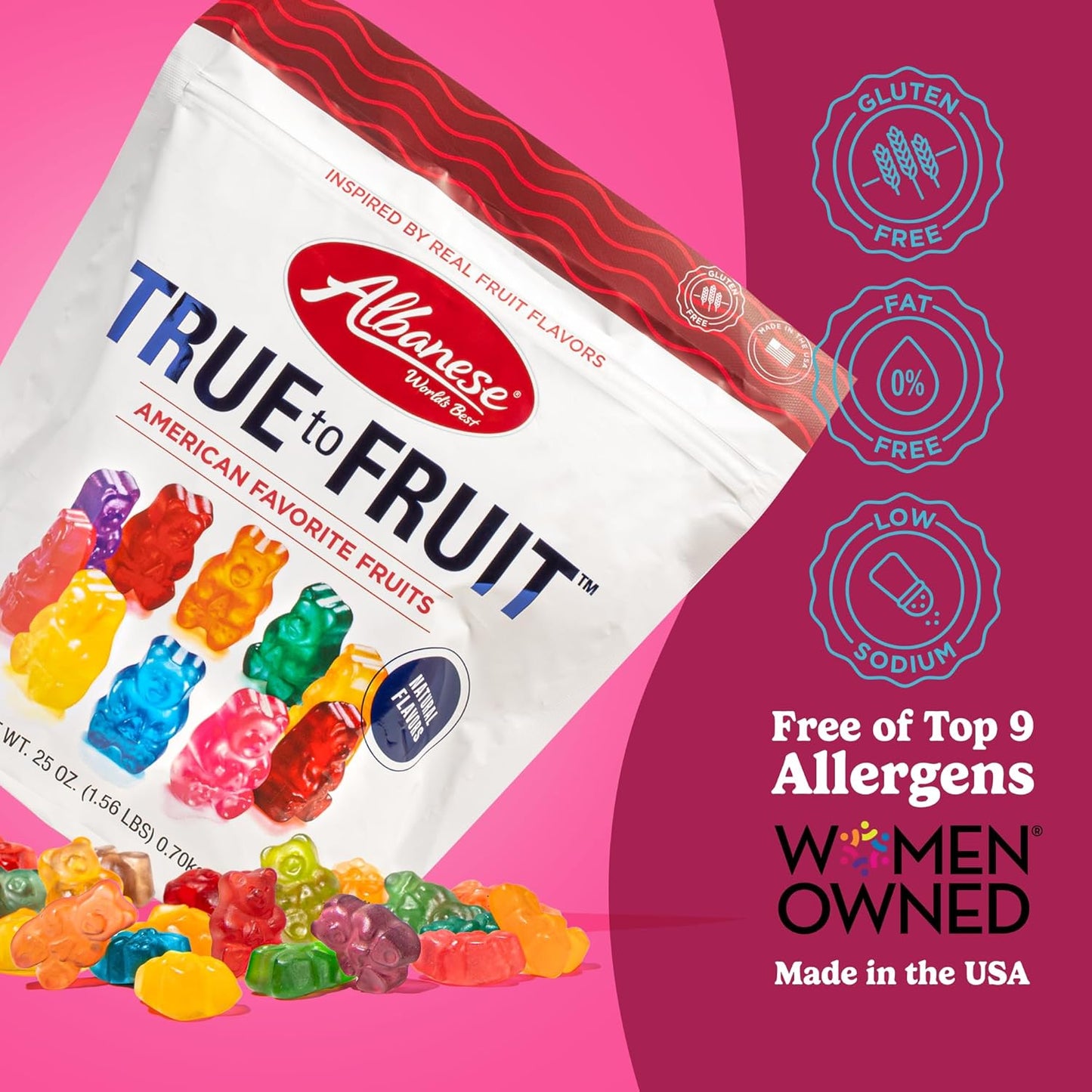 Albanese True to Fruit American Favorite Fruits Gummies | 25Oz Candy Bag | Soft and Chewy Gummy Bears, 10 Natural Flavors and Colors