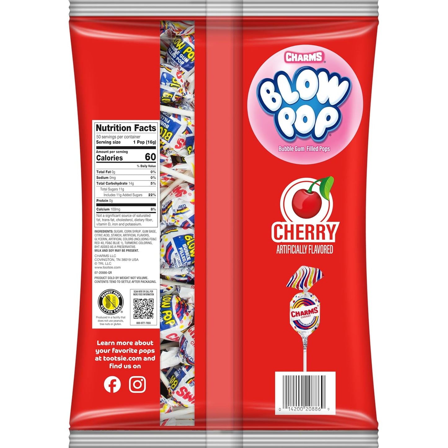 Charms Blow Pop Single Flavor Bag, Cherry, 50 Count (Pack of 1)