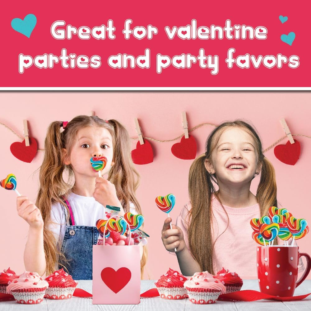 24 Heart Rainbow Lollipops Individually Wrapped, Valentines Party Favors