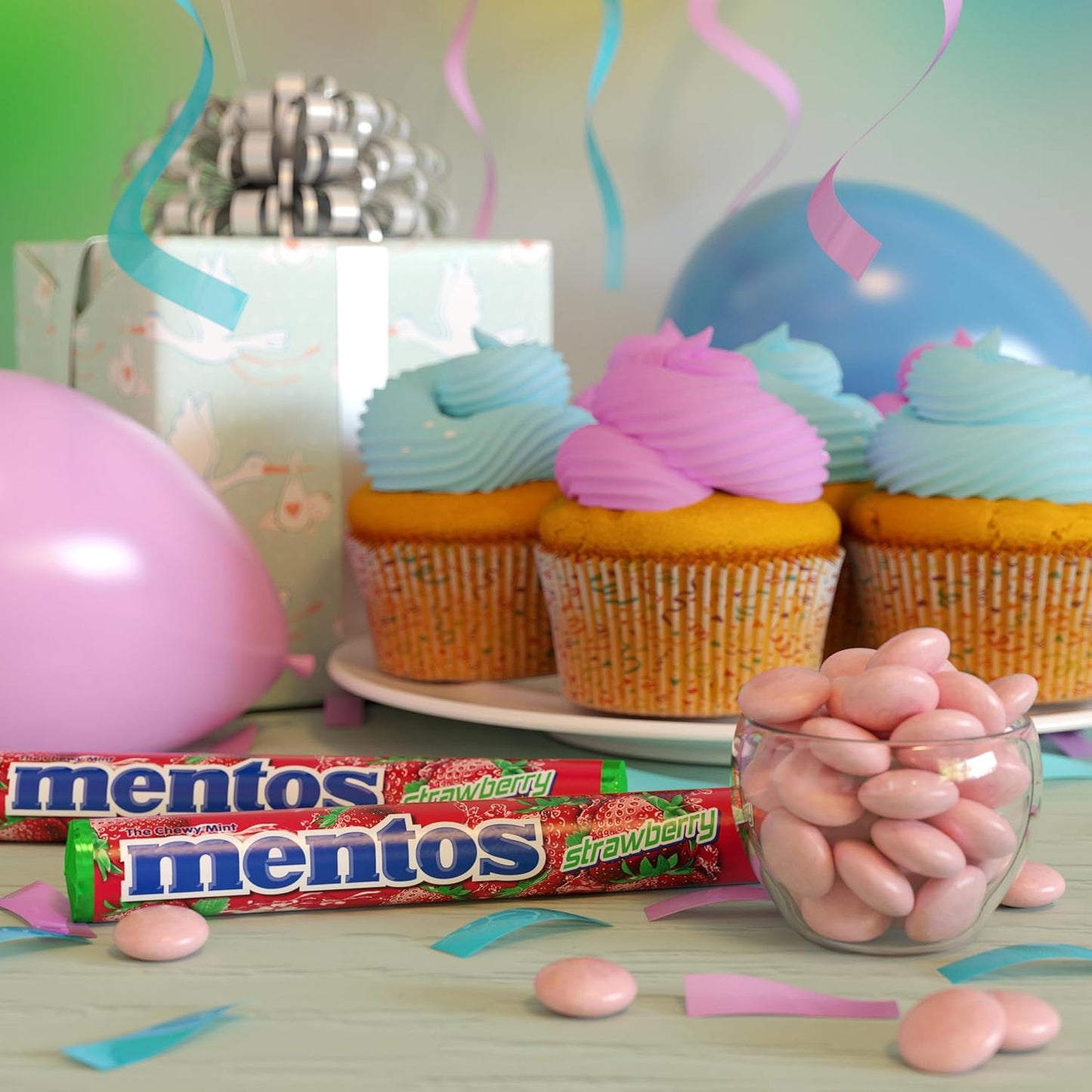 Mentos Chewy Mint Candy Roll, Strawberry, 14 Pieces per Roll, 15 Count Pack