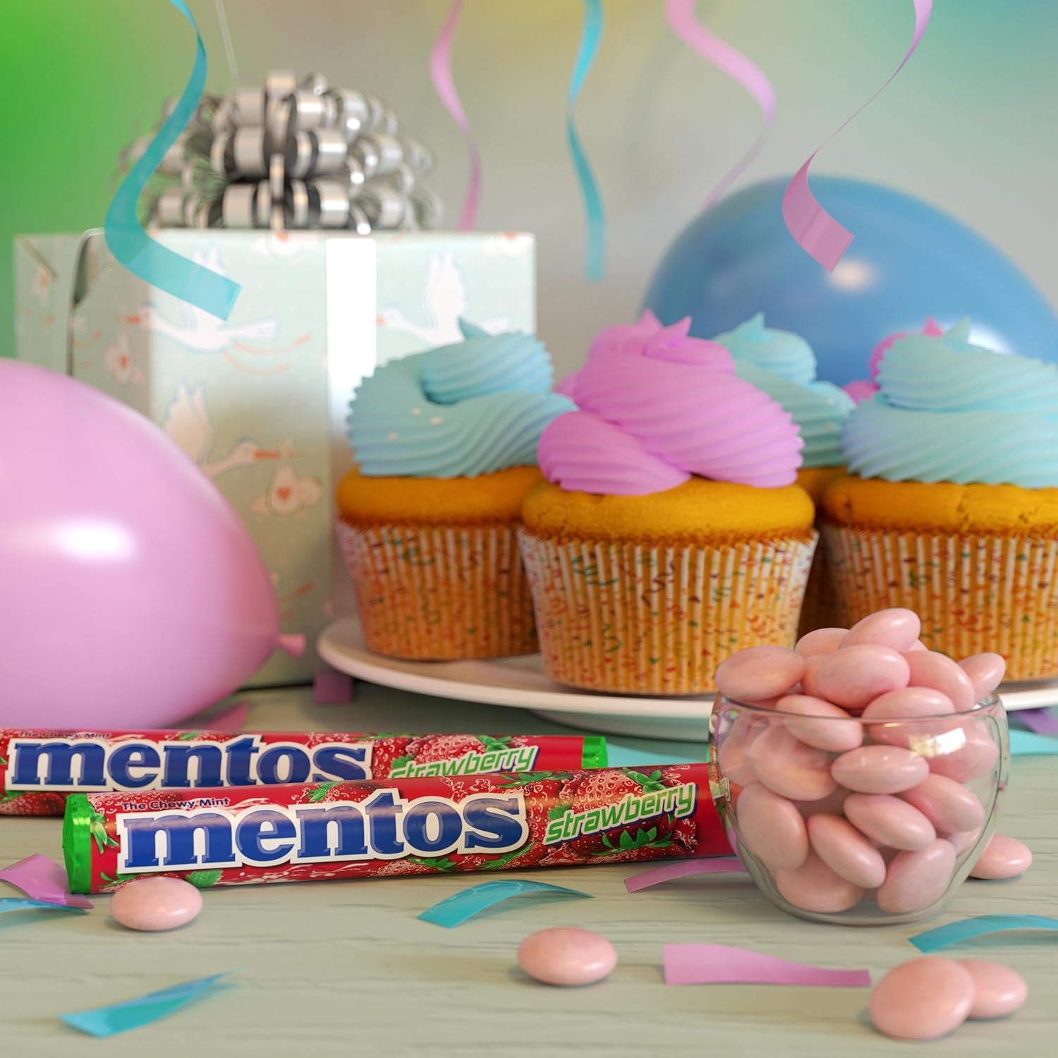 Mentos Chewy Mint Candy Roll, Strawberry, 14 Pieces per Roll, 15 Count Pack