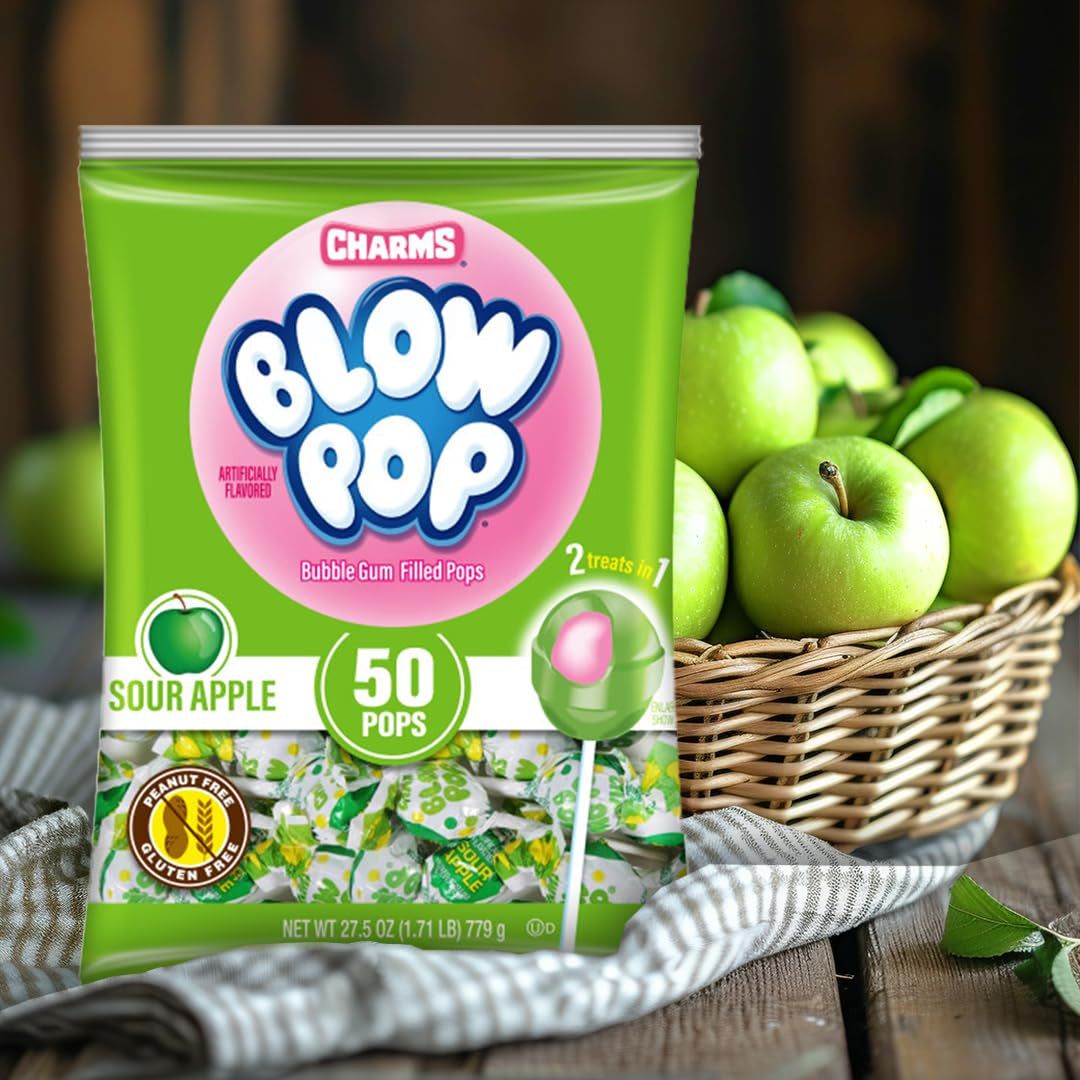 Charms Blow Pop Single Flavor Bag, Sour Apple, 50 Count (Pack of 1)