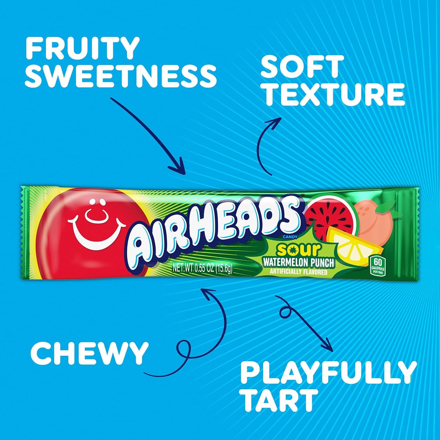 Airheads SOUR Candy Bars, Sour Watermelon Punch Flavored, Bulk, Pack of 36 Bars.