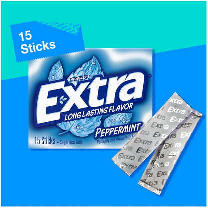 EXTRA Gum Peppermint Chewing Gum Bulk, Individually Wrapped, 15 Count (Pack of 10)