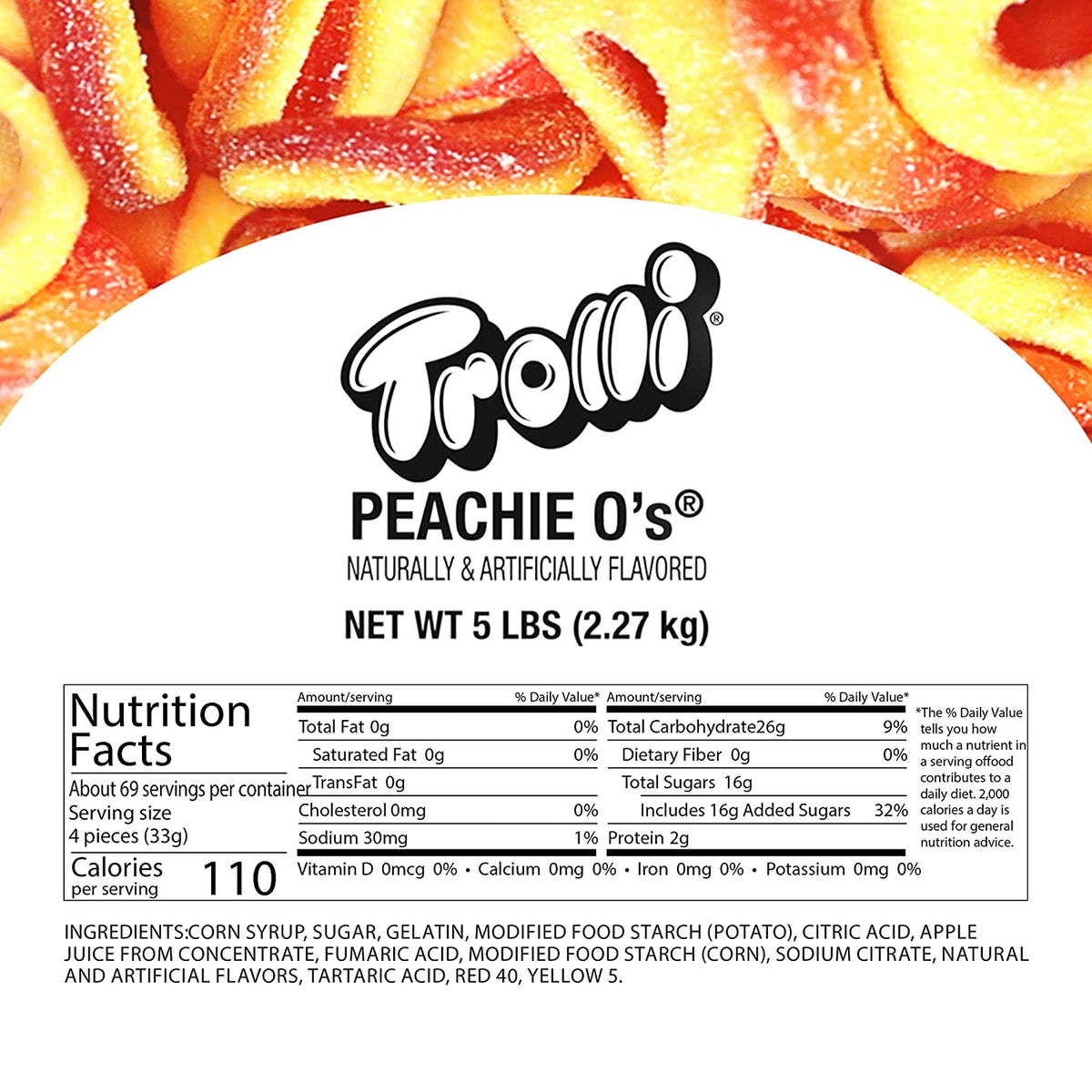 Trolli Peachie O'S Sour Gummy Rings Candy, Bulk Bag, 5 Lb