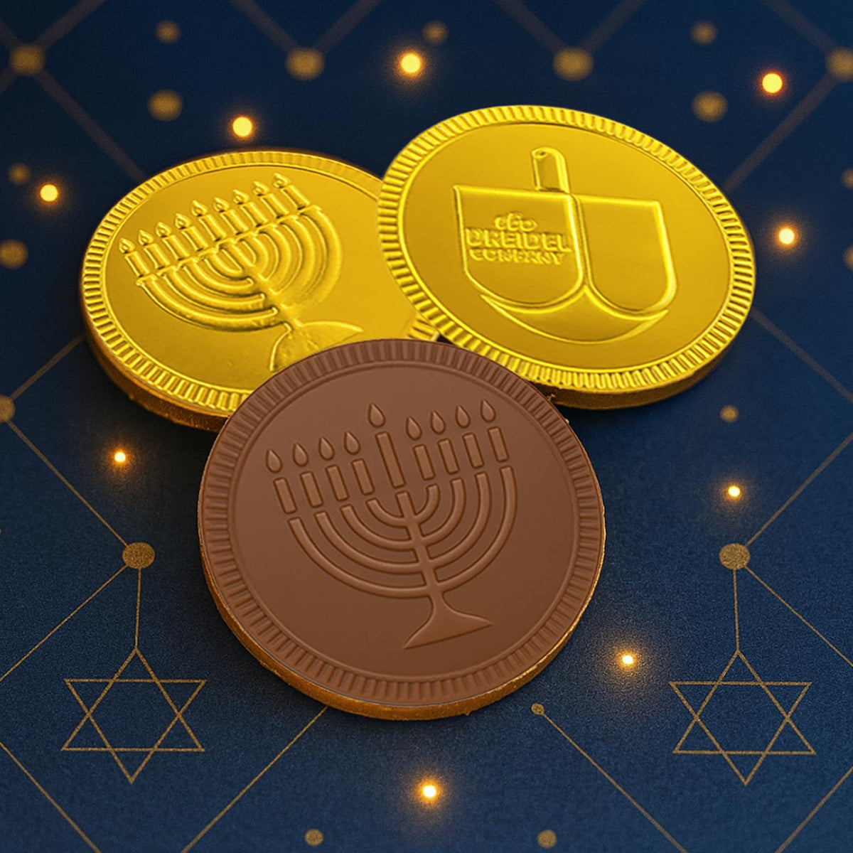 The Dreidel Company 25-Pack Hanukkah Milk Chocolate Gold Coins, Hanukkah Dreidel & Menorah Design Gelt, Non GMO, Kosher Certified OU-D (25-Pack)