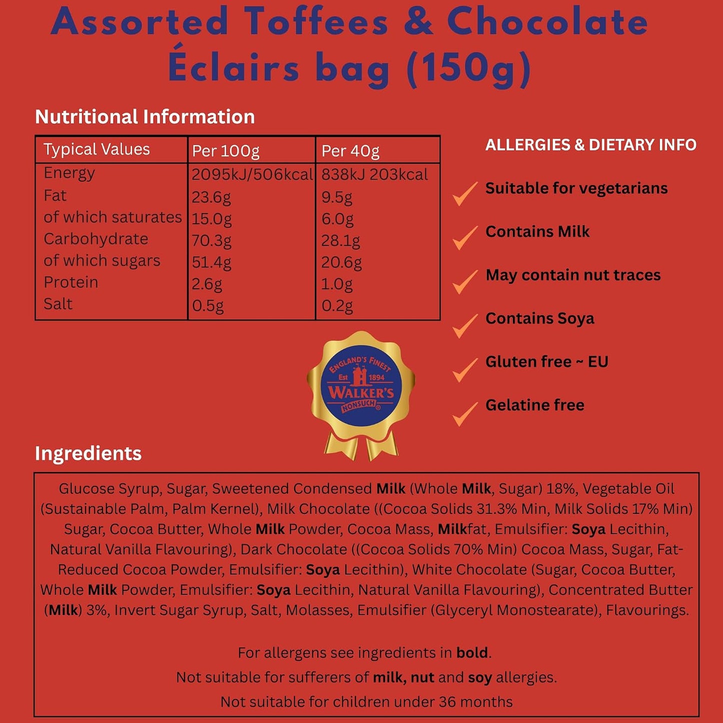 Walkers' Nonsuch Assorted Toffees & Chocolate Éclairs 5.29 Oz (150G)