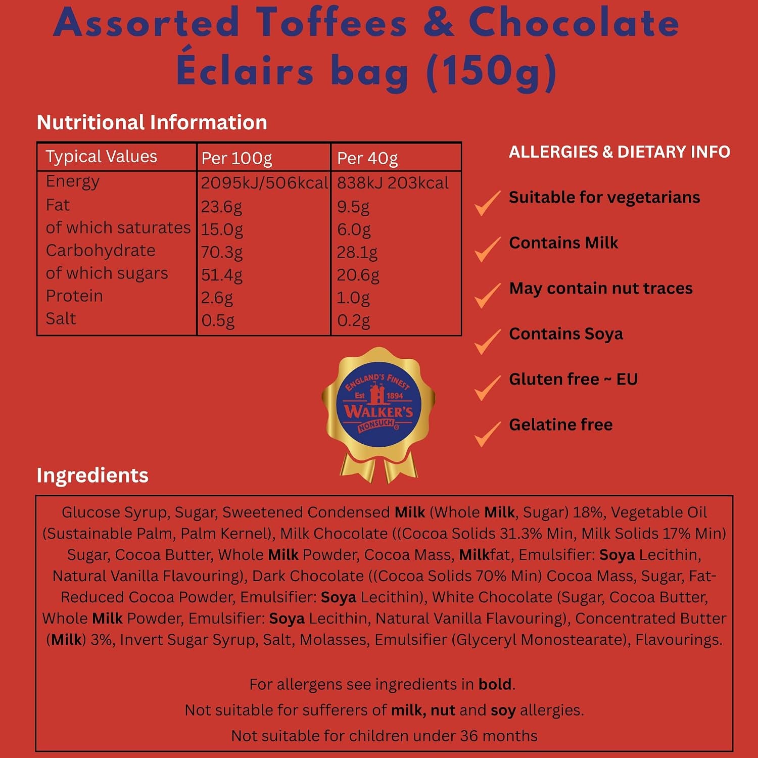 Walkers' Nonsuch Assorted Toffees & Chocolate Éclairs 5.29 Oz (150G)