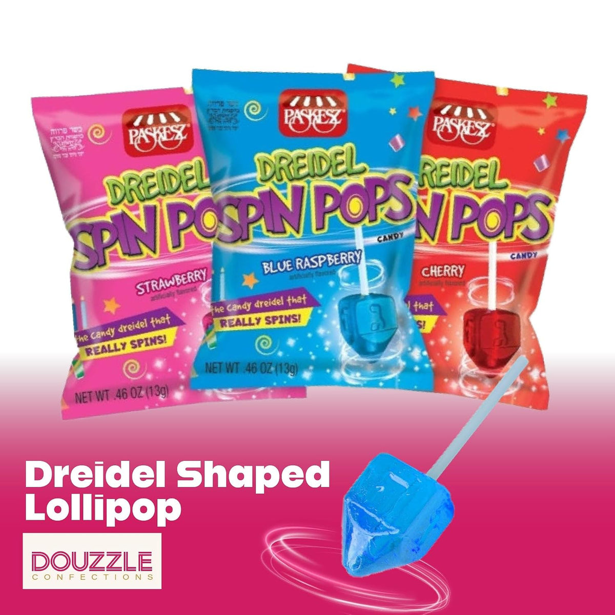 Douzzle Kosher, Hanukkah Candy Dreidels for Kids, Dreidel Spin Pops, Individually Wrapped Assorted Fruity Flavors (Pack of 1) Hanukah Party Favors, Happy Chanuka Sweet Treat & Gifts
