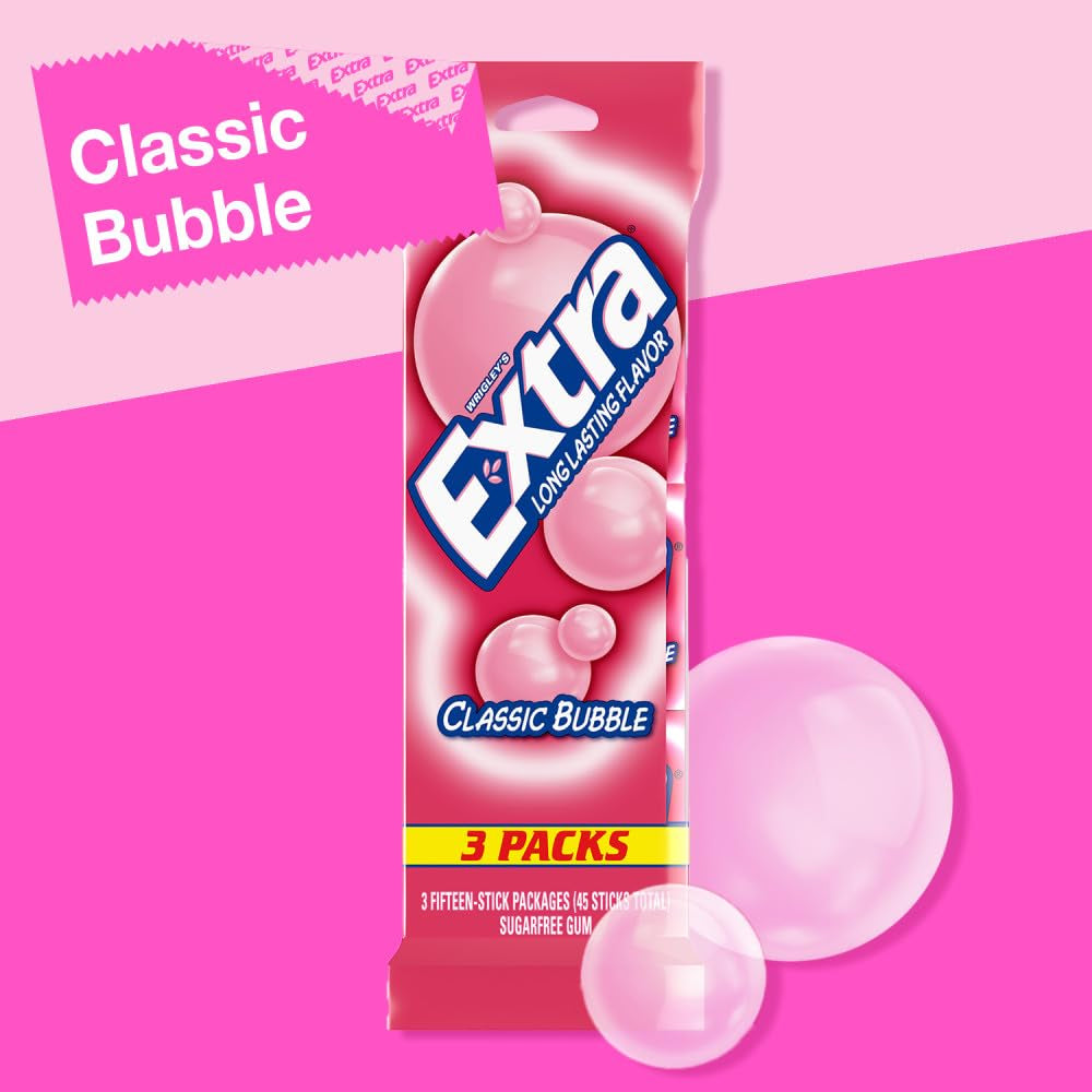 EXTRA Classic Bubble Gum, Sugar Free Chewing Gum, 3 Pack, 15 Sticks