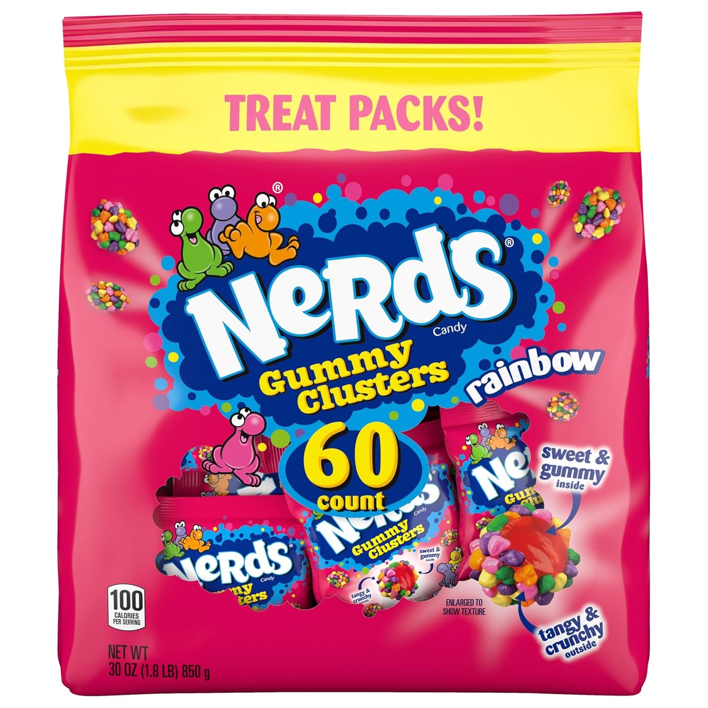 NERDS Gummy Clusters Rainbow Candy, Treat Size Packs, 30 Oz, 60 Ct