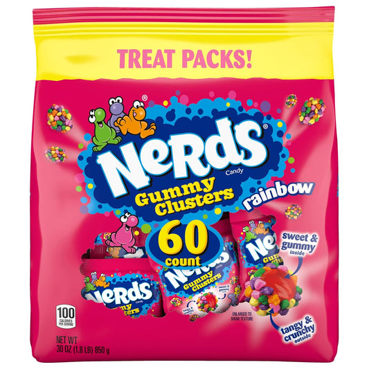 NERDS Gummy Clusters Rainbow Candy, Treat Size Packs, 30 Oz, 60 Ct