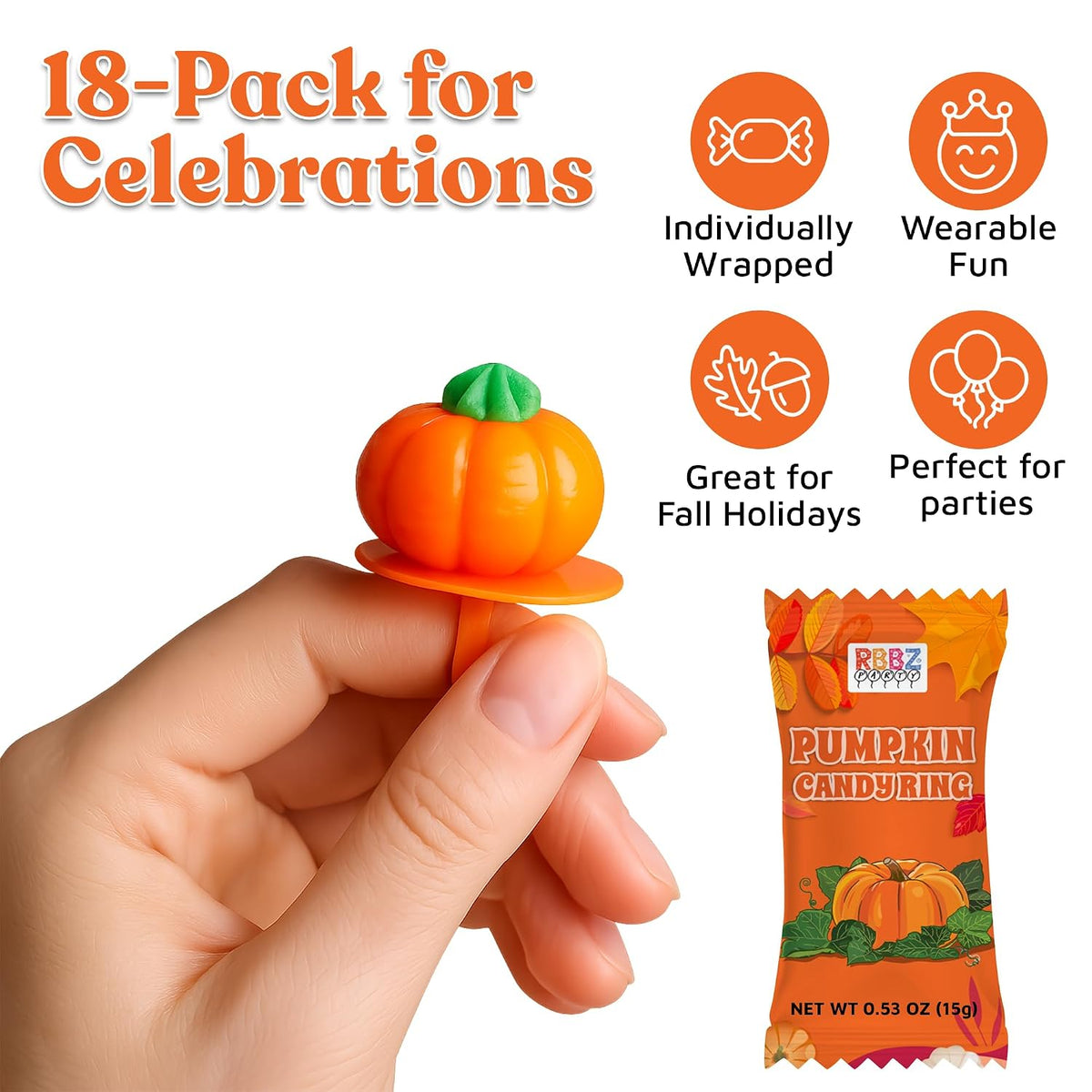 Pumpkin Candy 3D Ring Pops - 18 Individually Wrapped Suckers Bulk Pack - Thanksgiving Treats